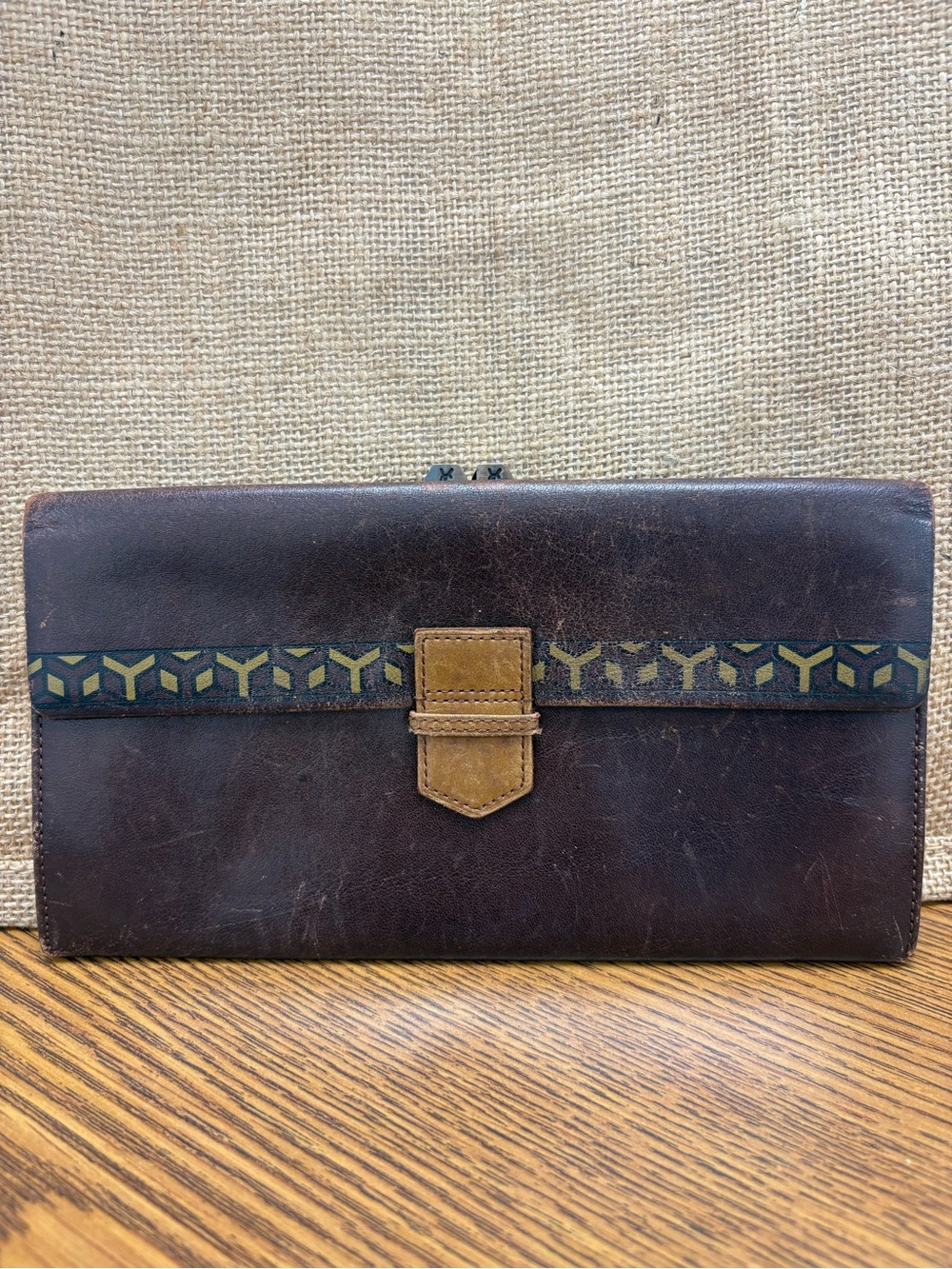 Vintage Yves Saint Laurent Brown Leather Kiss Lock Continental Flap Wallet YSL